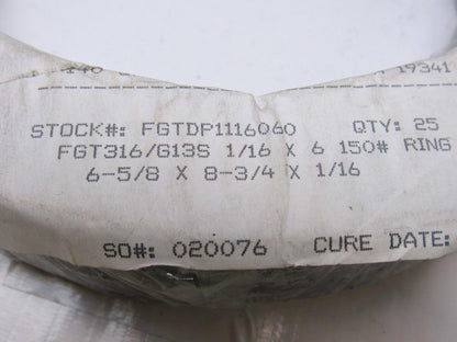 Durlon FGT316 150# 6" X 1/16" Flexible Graphite Flat Ring Gasket Lot Of 25