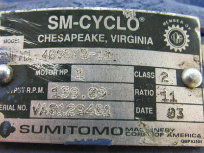 SM-CYCLO TC-FX & NMF1-4095YB-11 1HP 11:1 Gearmotor Speed Reducer 159.09 RPM Out