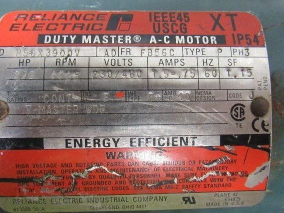 Reliance 079165-14-KX 50:1 Ratio Gearbox W/1/2HP 3PH 230/460V Electric Motor