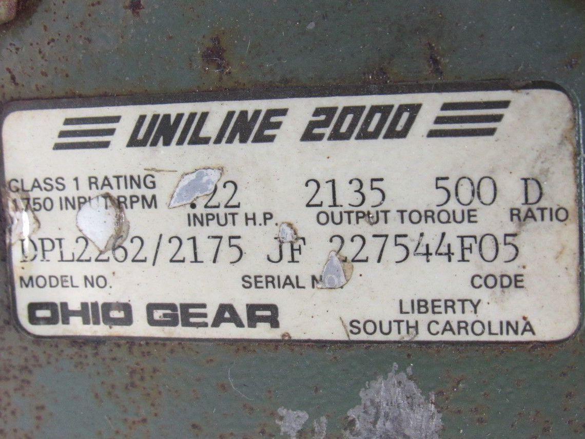OHIO GEAR DPL2262/2175 U LINE 2000 1/2HP Gearmotor 208-230/460V  Torque 500