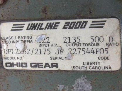 OHIO GEAR DPL2262/2175 U LINE 2000 1/2HP Gearmotor 208-230/460V  Torque 500