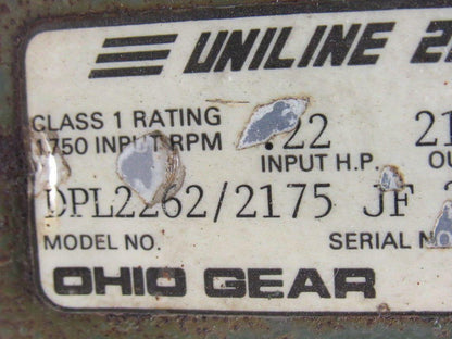 OHIO GEAR DPL2262/2175 U LINE 2000 1/2HP Gearmotor 208-230/460V  Torque 500