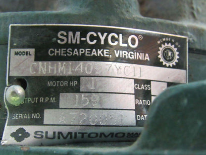 SM CYCLO CNHM14097YC11 1HP 4P 11:1 Gearmotor 230/460V 159 RPM Output TC-F Tested