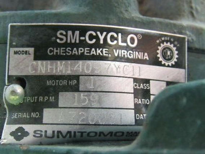 SM CYCLO CNHM14097YC11 1HP 4P 11:1 Gearmotor 230/460V 159 RPM Output TC-F Tested