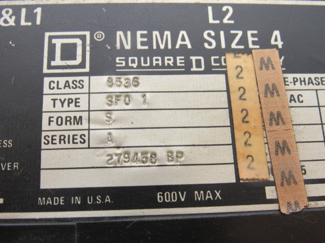 Square D Size 4 Reversing Starter Type SF01 Ser. A 600V Max Class 8536/8502