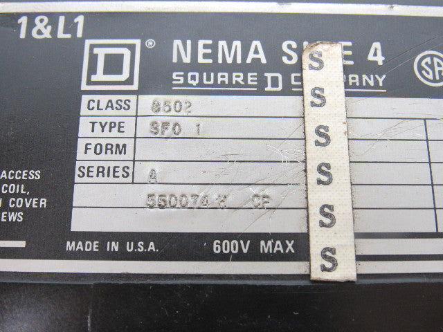 Square D Size 4 Reversing Starter Type SF01 Ser. A 600V Max Class 8536/8502