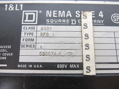 Square D Size 4 Reversing Starter Type SF01 Ser. A 600V Max Class 8536/8502