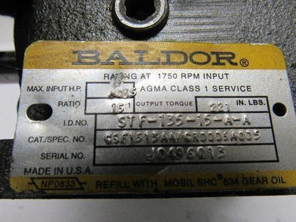 Baldor STF-135-15-A-A 15:1 Ratio 0.46hp Worm Gear Box Speed Reducer 56C