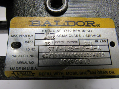 Baldor STF-135-15-A-A 15:1 Ratio 0.46hp Worm Gear Box Speed Reducer 56C