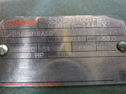 Dodge Reliance 056WM16A50 50:1 Gearbox Speed Reducer W/1/2HP 230/460V Motor