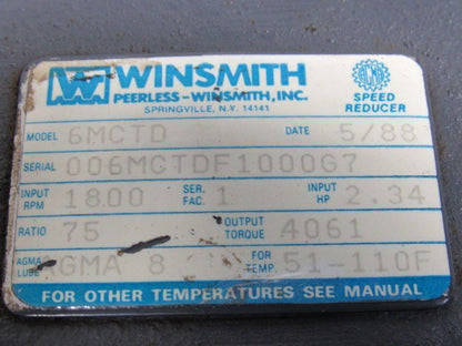 Winsmith 6MCTD Double Reduction Speed Reducer Gear Box 75:1 Ratio