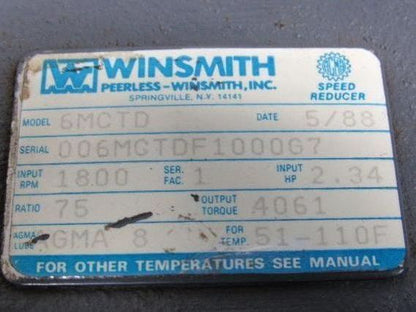 Winsmith 6MCTD Double Reduction Speed Reducer Gear Box 75:1 Ratio