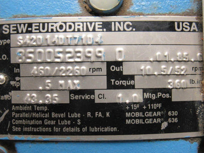 Sew-Eurodrive S42D14DT71D4 Worm Gear Box Speed Reducer 43.35:1 Ratio