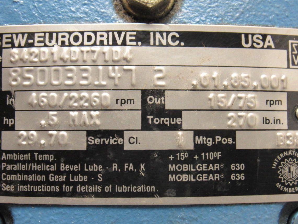 SEW-EURODRIVE S42D14DT71D4 Worm Gear Box Speed Reducer 29.70:1 Ratio