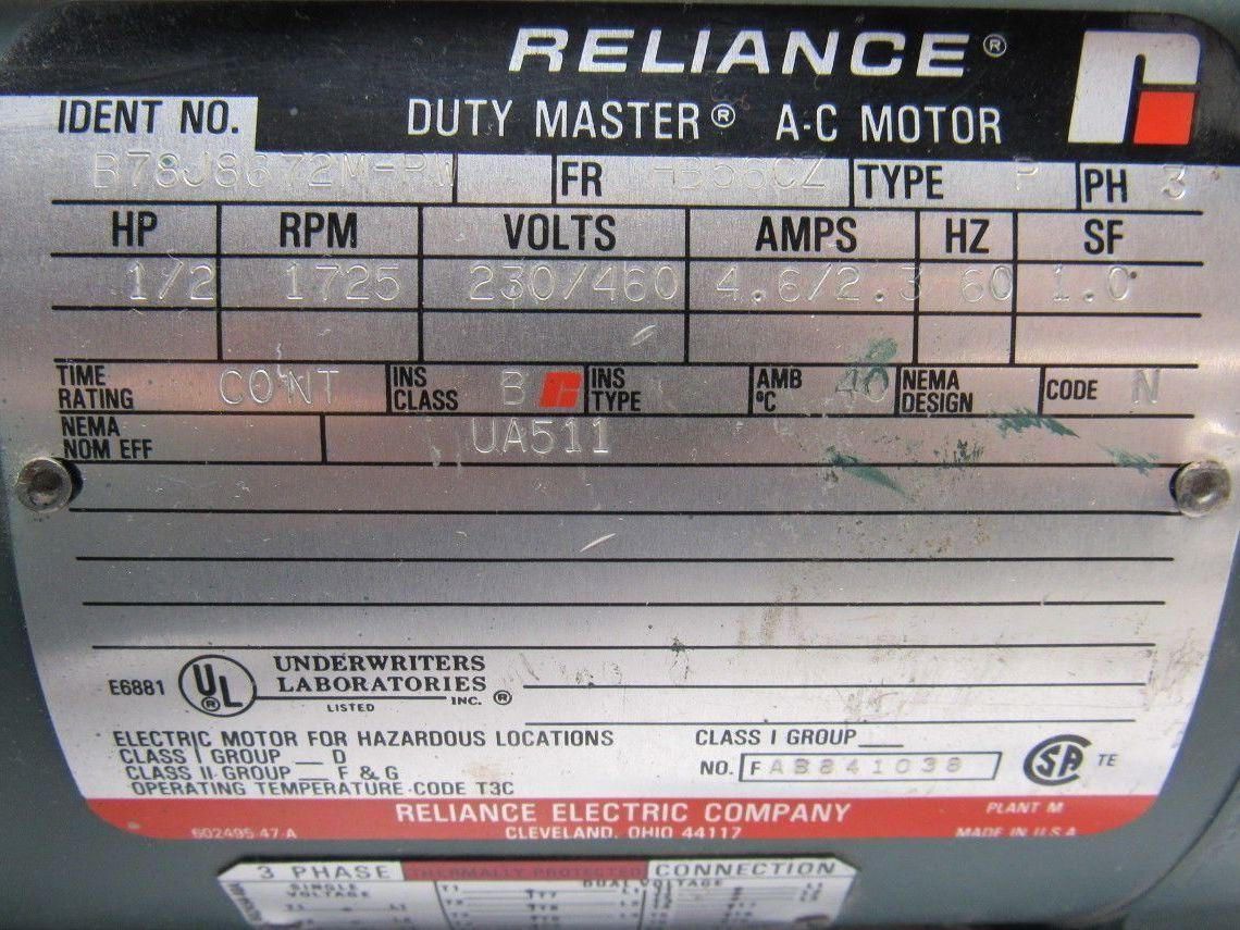 Reliance Electric B78J8672M-PW 1/2HP 3PH 230/460V 1725RPM  Electric Motor