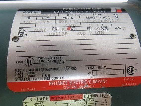Reliance Electric P56J2302M-FC 1/2HP 3PH 208-230/460V 1725RPM Motor