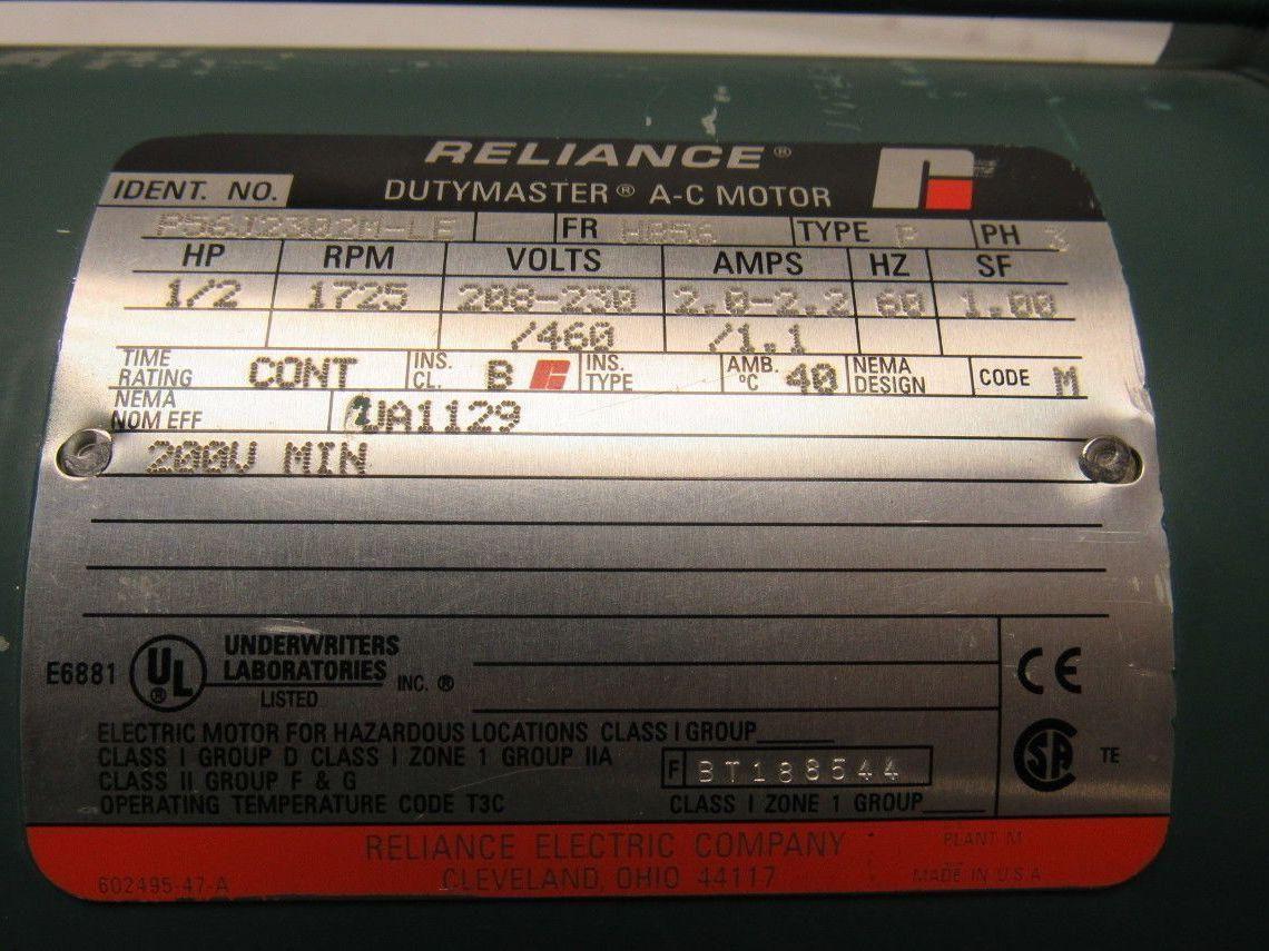 Reliance Electric P56J2302M-LE 1/2HP 3PH 208-230/460V 1725RPM Hazardous Motor