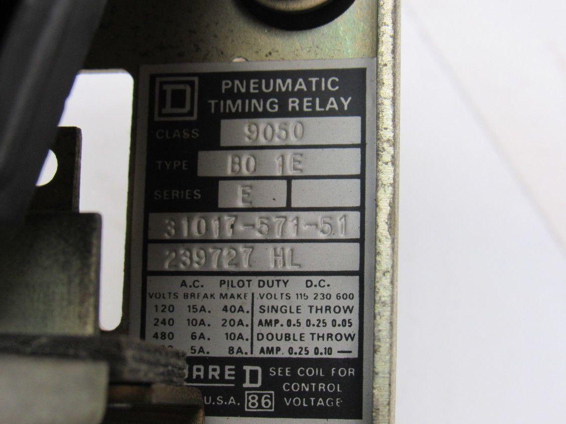 Square D B0 1E Series E  Pneumatic Timing Relay 110/120V 50/60Hz.