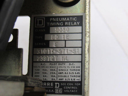 Square D B0 1E Series E  Pneumatic Timing Relay 110/120V 50/60Hz.