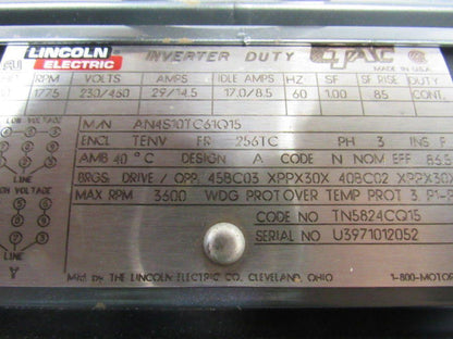 Lincoln Electric AN4S10TC61Q15 10HP 3PH 1775RPM Electric Motor W/Encoder 256 TC
