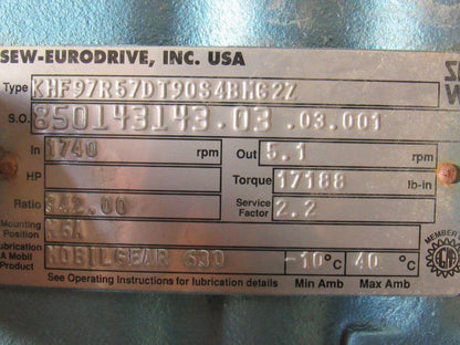 SEW-EURODRIVE  KHF97R57DT90S4BMG2Z Gear box Speed Reducer 342:1 Ratio New