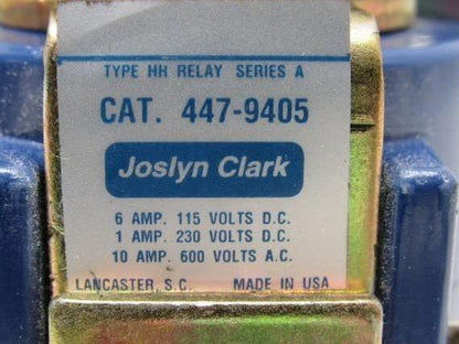 Joslyn Clark 447-9405-23 Ser. A Open Type Relay 600 VAC 240 VDC Coil