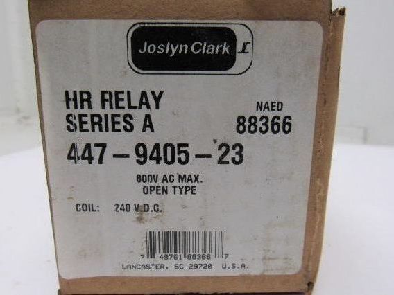 Joslyn Clark 447-9405-23 Ser. A Open Type Relay 600 VAC 240 VDC Coil