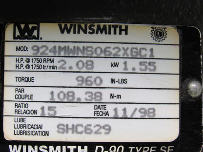 Winsmith 924MWNS062XGC1  Double Shaft Gearbox Speed Reducer 15:1 Ratio