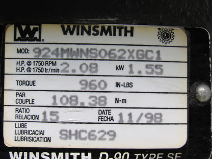 Winsmith 924MWNS062XGC1  Double Shaft Gearbox Speed Reducer 15:1 Ratio