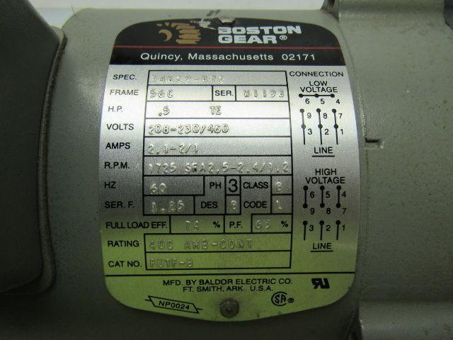 Boston Gear 34K29-872 10:1 Ratio 1/2HP 3PH 208-230/460V Gearmotor