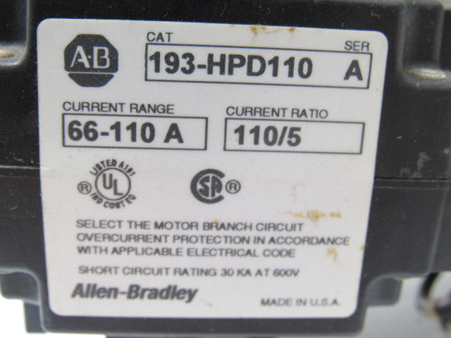 Allen Bradley 193-HPD110 Series  A Overload Relay 66-110A 110/5 Current Ratio