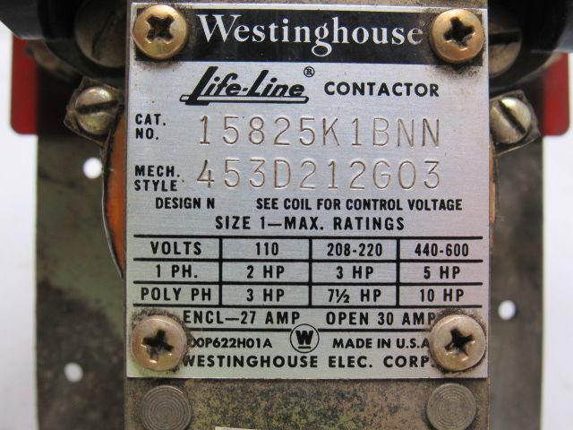 Westinghouse 15825K1BNN Vintage Life Line Contactor Size 1 2 Pole ...