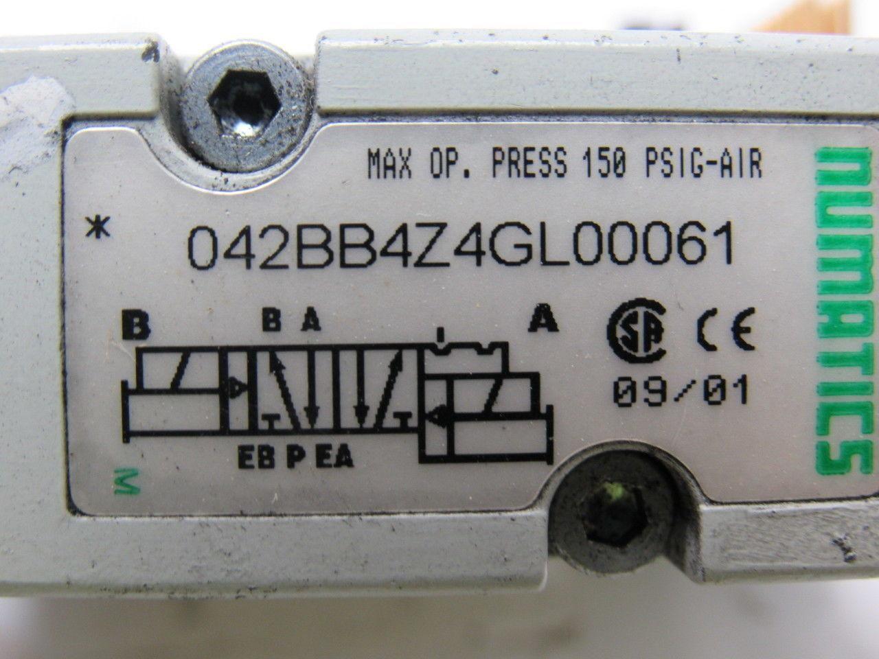 Numatics 042BB4Z4GL00061 Pneumatic Solenoid Valve W/Manifold Block 24VDC 150PSIG