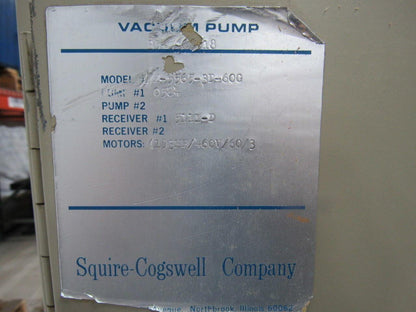Squire Cogswell Atm-5565-3D-60G 3Hp Vacuum Pump Gast 5565-V4 125Gal Tank 3Ph