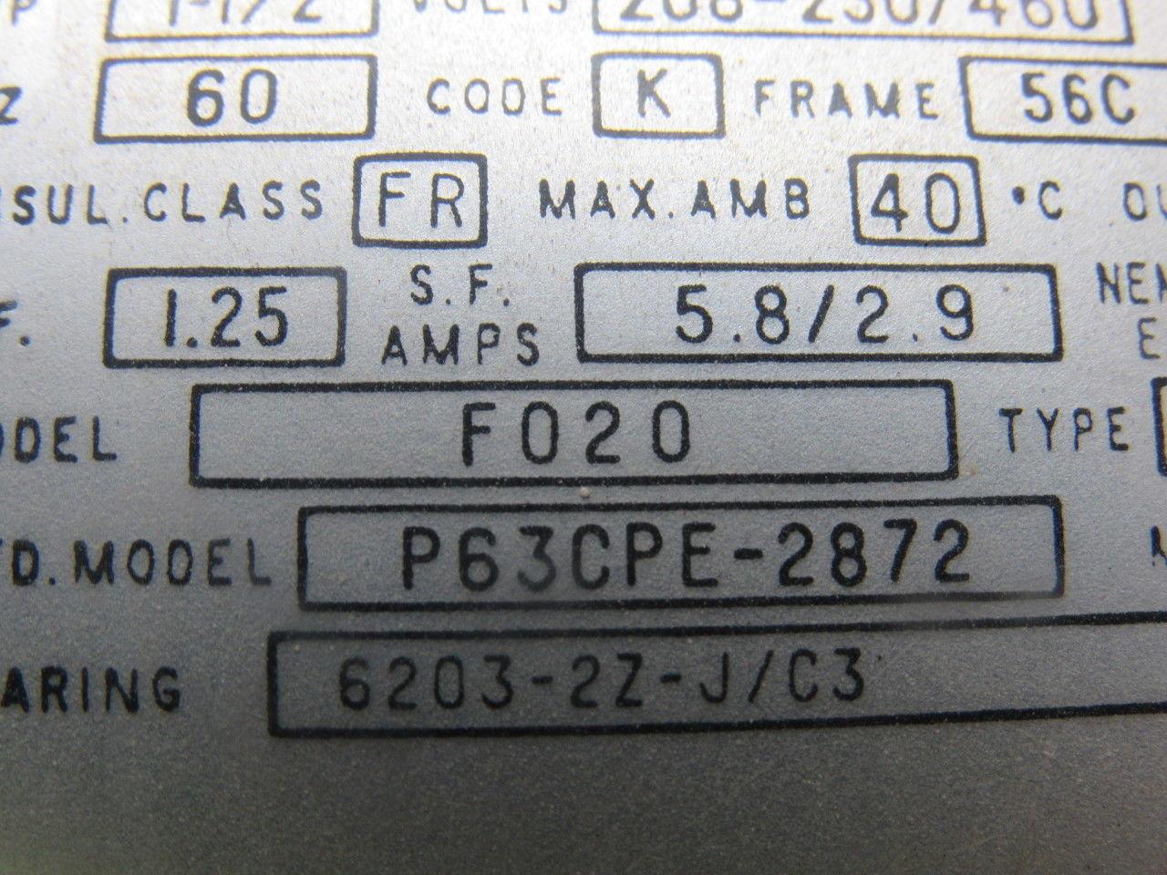 US Motors P63CPE-2872 F020 Type UT 1-1/2 Hp. 208-460V 60Hz. 1730 RPM AC Motor