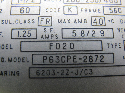 US Motors P63CPE-2872 F020 Type UT 1-1/2 Hp. 208-460V 60Hz. 1730 RPM AC Motor