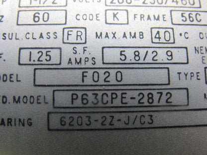 US Motors P63CPE-2872 F020 Type UT 1-1/2 Hp. 208-460V 60Hz. 1730 RPM AC Motor