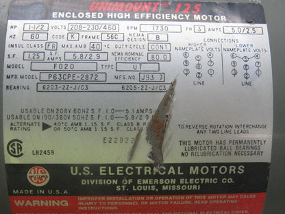US Motors P63CPE-2872 F020 Type UT 1-1/2 Hp. 208-460V 60Hz. 1730 RPM AC Motor