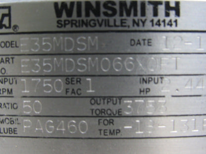 Winsmith E35MDSM066X0FT 50:1 Ratio 1750 RPM 2.44 Hp. Hollow Shaft Gear Reducer