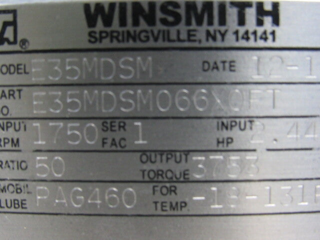 Winsmith E35MDSM066X0FT 50:1 Ratio 1750 RPM 2.44 Hp. Hollow Shaft Gear Reducer