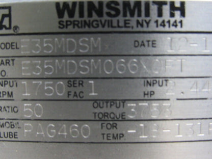 Winsmith E35MDSM066X0FT 50:1 Ratio 1750 RPM 2.44 Hp. Hollow Shaft Gear Reducer
