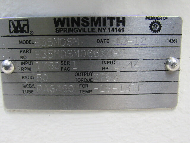 Winsmith E35MDSM066X0FT 50:1 Ratio 1750 RPM 2.44 Hp. Hollow Shaft Gear Reducer