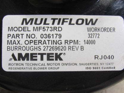 Ametek 036179 MF573RD Remote Drive (Motorless)Blower Assembly Clockwise Rotation
