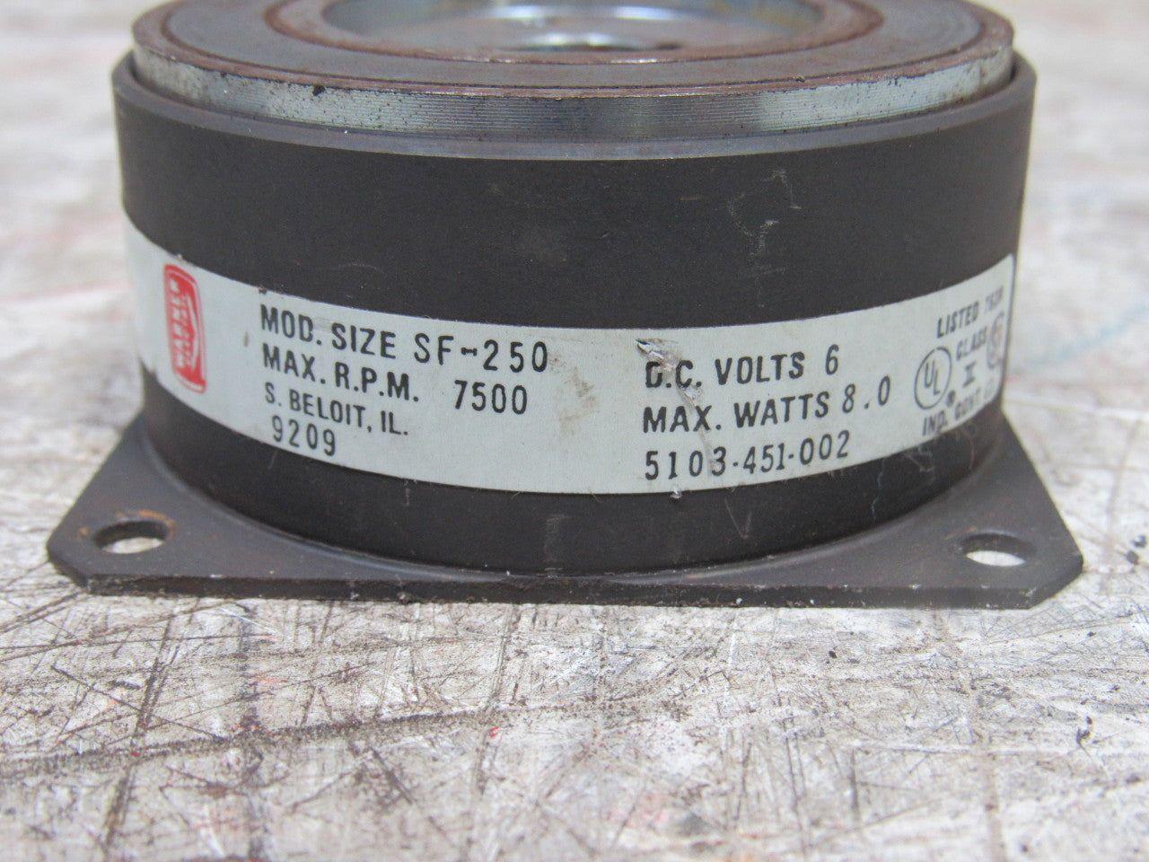 Warner 5103-451-002 SF-250 6V DC Flange Mount Magnetic Brake 7500 RPM 1/2" Bore