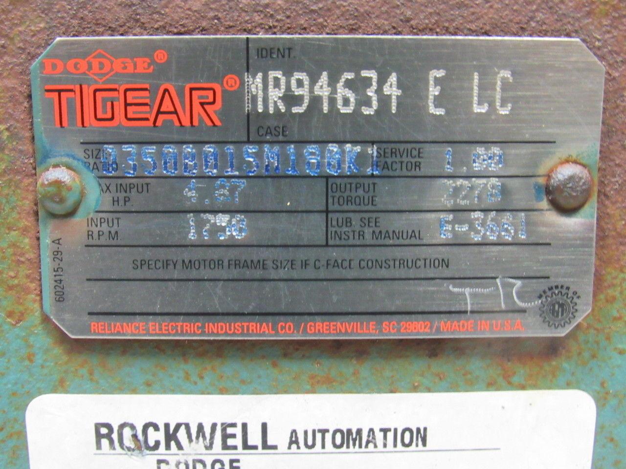 Dodge Q350B015M180K1 MR94634 15:1 1750 Input RPM 2278 Lbs. Output  Gear Reducer