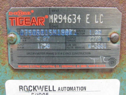 Dodge Q350B015M180K1 MR94634 15:1 1750 Input RPM 2278 Lbs. Output  Gear Reducer