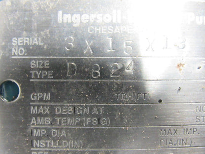 Ingersoll Dresser D824 3x1.5x13 Centrifugal Pump 7.5 Hp. 208-230/460V 1740 RPM