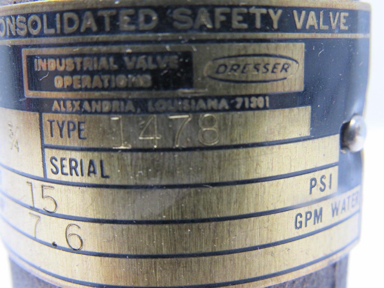 Dresser 1478 3/4" Port Brass Safety Valve 15 PSI 7.6 GPM