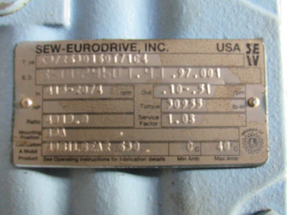 Sew Eurodrive K97R63D16DT71C4 4019:1 LH 30,955# Output 230YY/460Y  Gear Motor