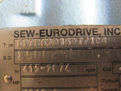Sew Eurodrive K97R63D16DT71C4 4019:1 LH 30,955# Output 230YY/460Y  Gear Motor